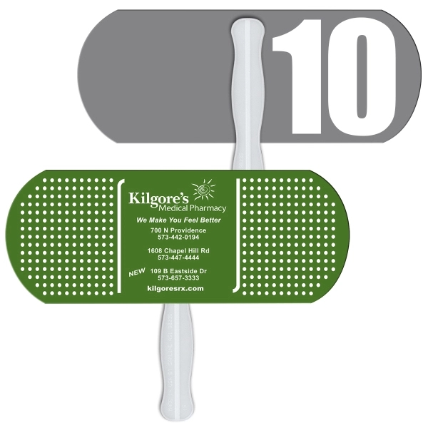 Digital printed bandage/pill shape auction fan with visible wooden stick.... from ASI 67620 Lion Circle Corp / Lion/Circle