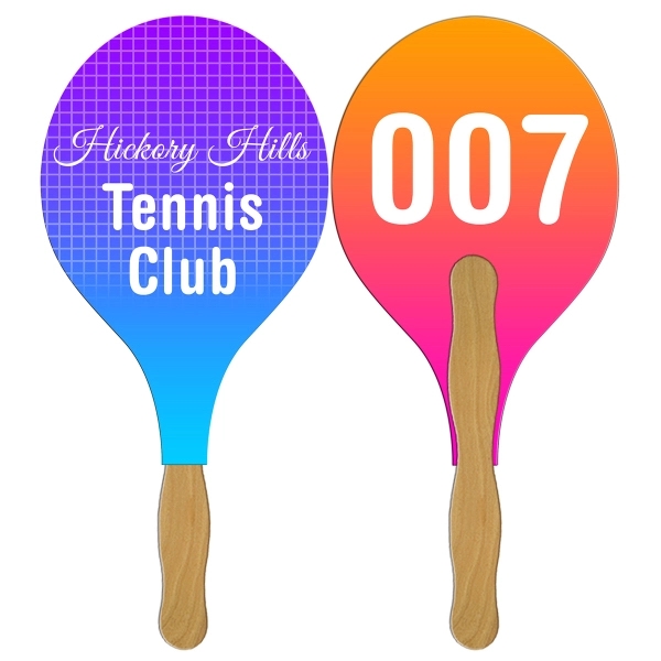 Digital printed racquet shape auction fan with visible wooden stick.... from ASI 67620 Lion Circle Corp / Lion/Circle
