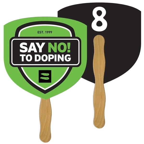 Digital printed shield shape auction fan with visible wooden stick.... from ASI 67620 Lion Circle Corp / Lion/Circle