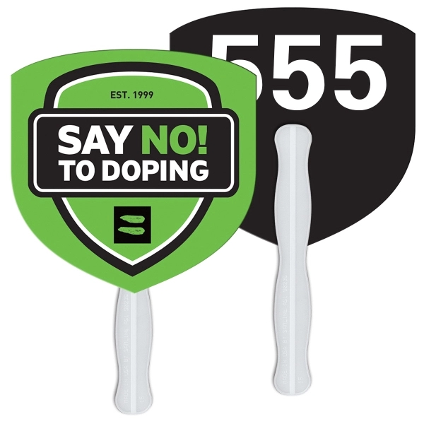 Digital printed shield shape auction fan with visible wooden stick.... from ASI 67620 Lion Circle Corp / Lion/Circle