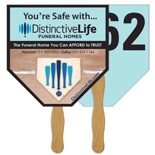 Digital printed home plate shape auction fan with visible wooden stick.... from ASI 67620 Lion Circle Corp / Lion/Circle