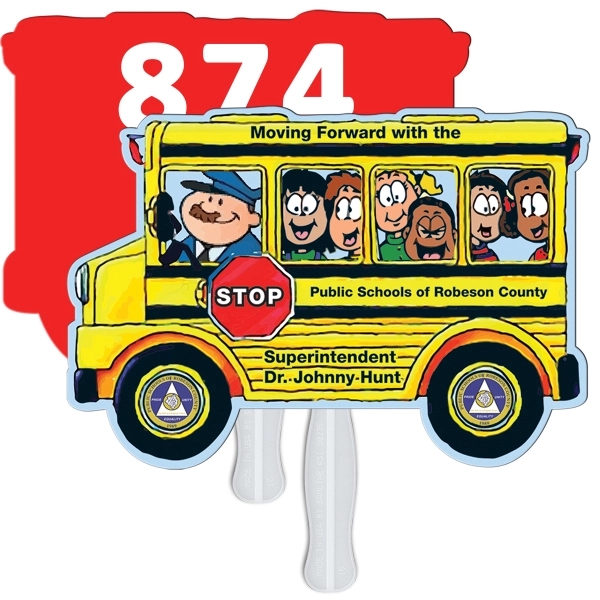 Digital printed bus shape auction fan with visible wooden stick.... from ASI 67620 Lion Circle Corp / Lion/Circle