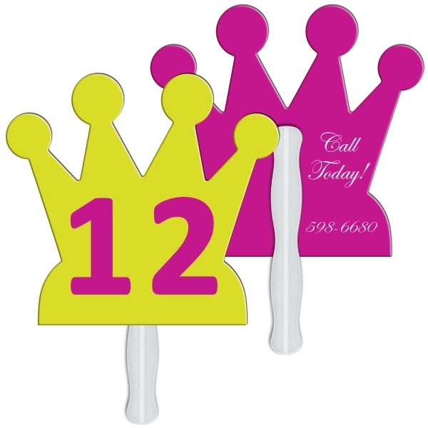 Digital printed crown shape auction fan with visible wooden stick.... from ASI 67620 Lion Circle Corp / Lion/Circle