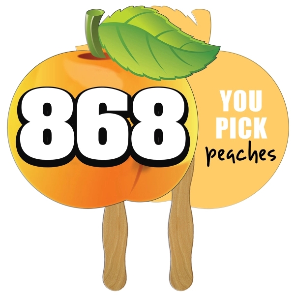 Digital printed peach shape auction fan with visible wooden stick.... from ASI 67620 Lion Circle Corp / Lion/Circle