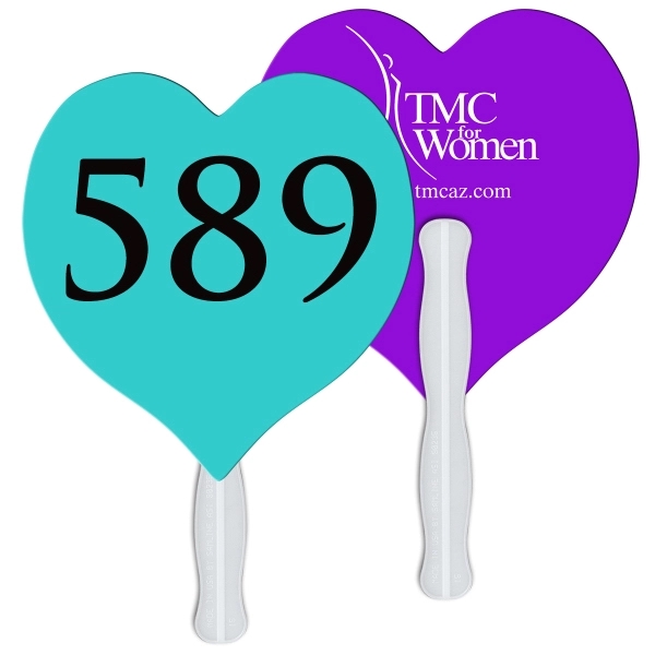 Digital printed heart shape auction fan with visible wooden stick.... from ASI 67620 Lion Circle Corp / Lion/Circle