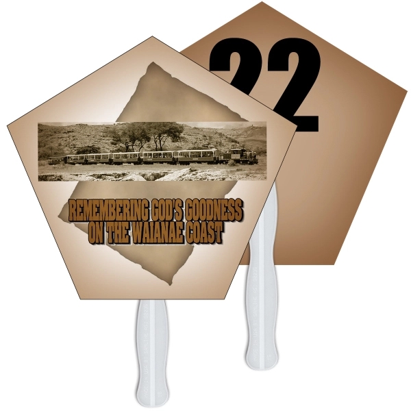 Digital printed church shape auction fan with visible wooden stick.... from ASI 67620 Lion Circle Corp / Lion/Circle