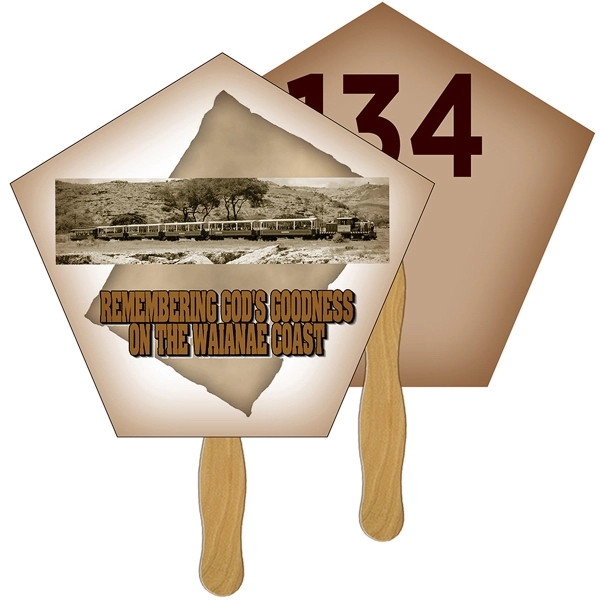 Digital printed church shape auction fan with visible wooden stick.... from ASI 67620 Lion Circle Corp / Lion/Circle