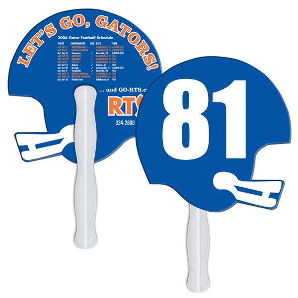 Digital printed helmet shape auction fan with visible wooden stick.... from ASI 67620 Lion Circle Corp / Lion/Circle