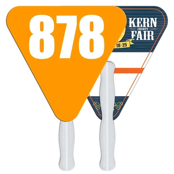 Digital printed triangle shape auction fan with visible wooden stick.... from ASI 67620 Lion Circle Corp / Lion/Circle