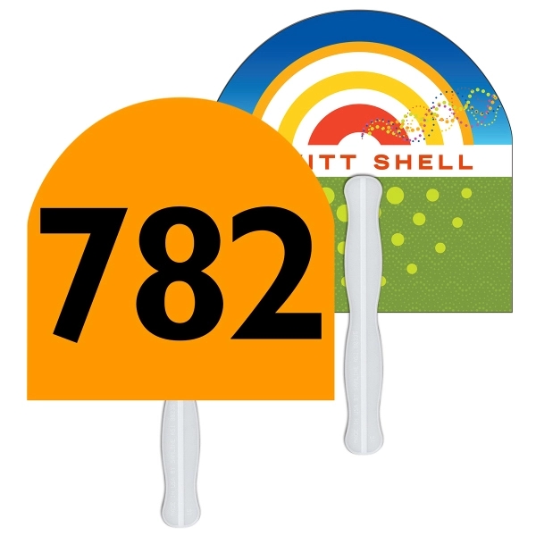 Digital printed half moon shape auction fan with visible wooden stick.... from ASI 67620 Lion Circle Corp / Lion/Circle