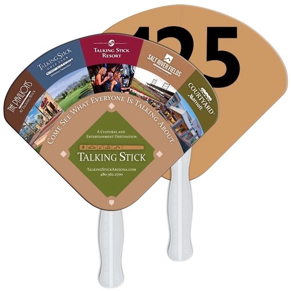 Digital printed seashell shape auction fan with visible wooden stick.... from ASI 67620 Lion Circle Corp / Lion/Circle