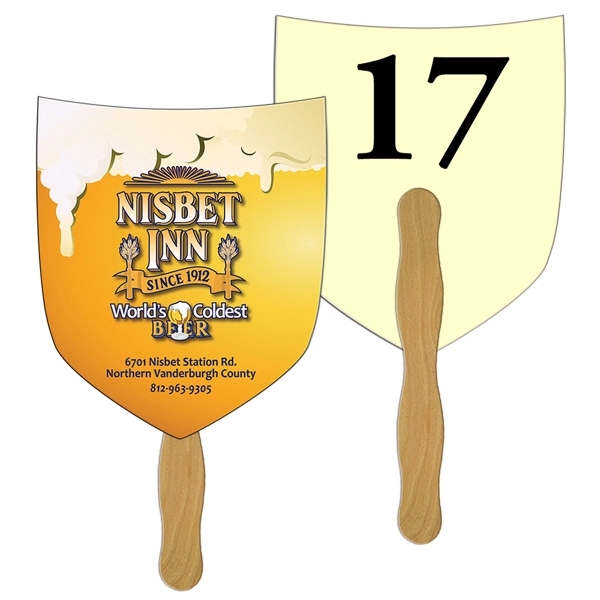 Digital printed shield/shovel shape auction fan with visible wooden stick.... from ASI 67620 Lion Circle Corp / Lion/Circle