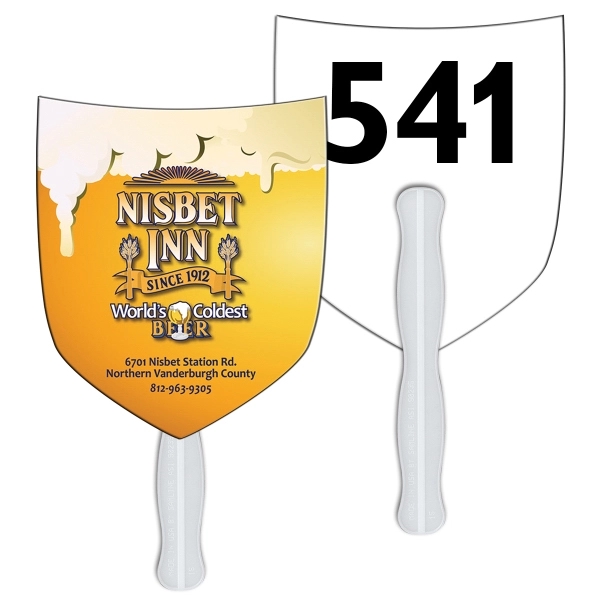 Digital printed shield/shovel shape auction fan with visible wooden stick.... from ASI 67620 Lion Circle Corp / Lion/Circle