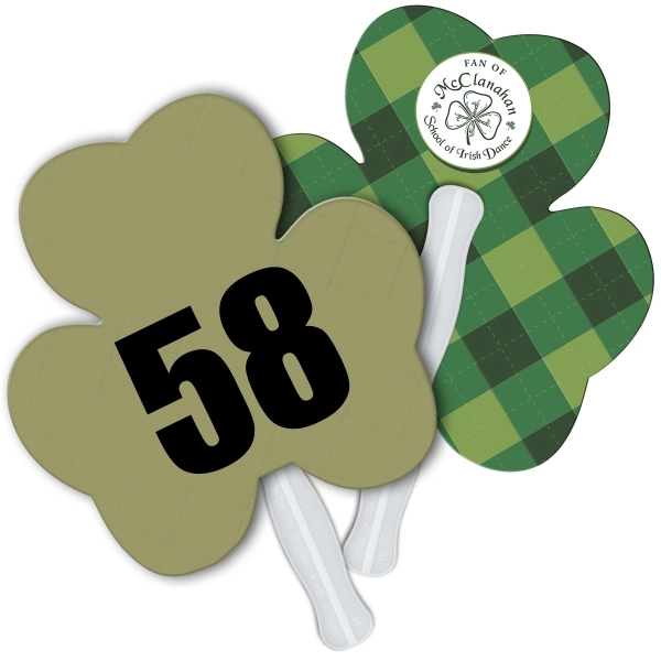 Digital printed shamrock shape auction fan with visible wooden stick.... from ASI 67620 Lion Circle Corp / Lion/Circle