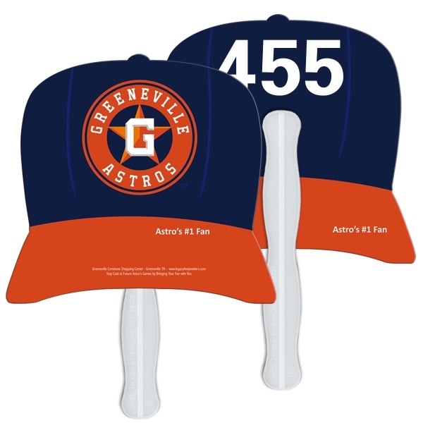 Digital printed baseball cap shape auction fan with visible wooden stick.... from ASI 67620 Lion Circle Corp / Lion/Circle
