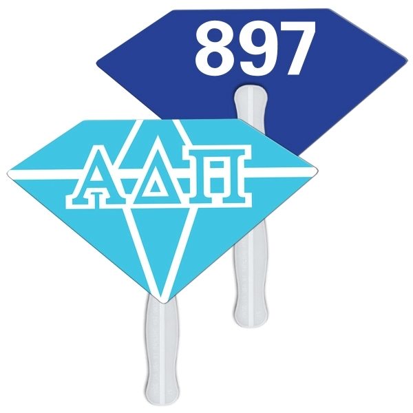 Digital printed diamond shape auction fan with visible wooden stick.... from ASI 67620 Lion Circle Corp / Lion/Circle