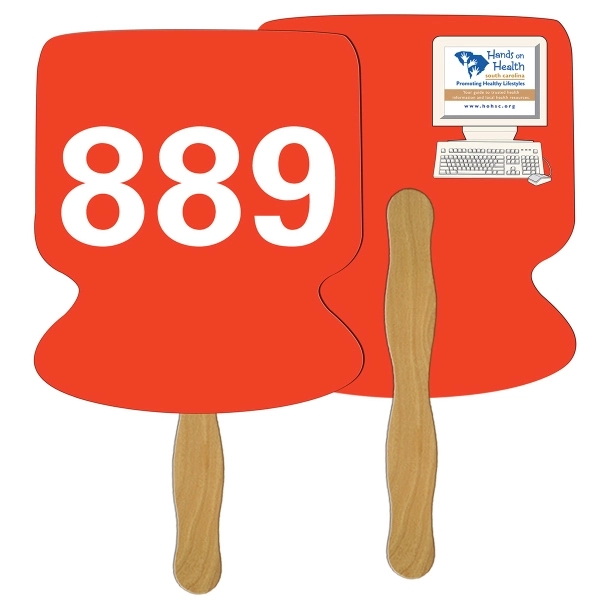 Digital printed computer shape auction fan with visible wooden stick.... from ASI 67620 Lion Circle Corp / Lion/Circle