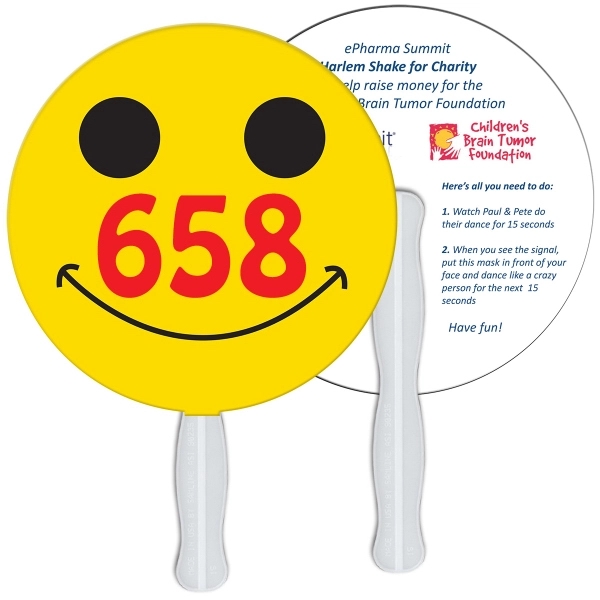Digital printed smiley face shape auction fan with visible wooden stick.... from ASI 67620 Lion Circle Corp / Lion/Circle