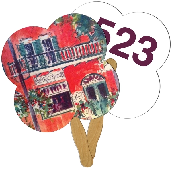 Digital clover shape auction fan with visible wooden stick.... from ASI 67620 Lion Circle Corp / Lion/Circle