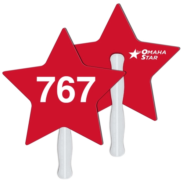 Digital printed star shape auction fan with visible wooden stick.... from ASI 67620 Lion Circle Corp / Lion/Circle