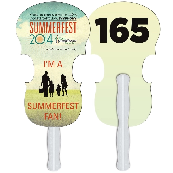 Digital printed violin shape auction fan with visible wooden stick.... from ASI 67620 Lion Circle Corp / Lion/Circle