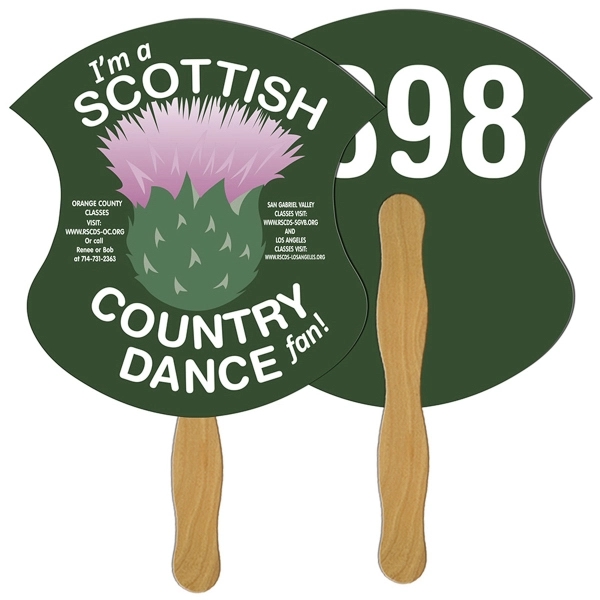 Digital printed badge shape auction fan with visible wooden stick.... from ASI 67620 Lion Circle Corp / Lion/Circle