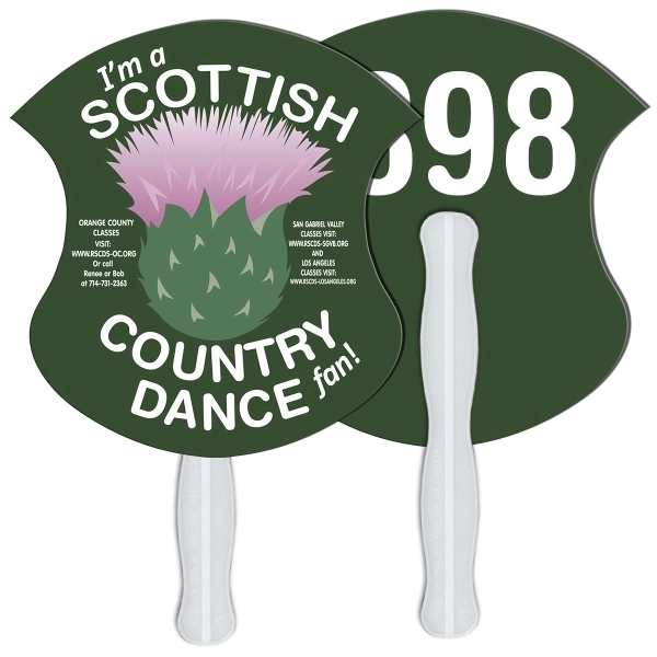 Digital printed badge shape auction fan with visible wooden stick.... from ASI 67620 Lion Circle Corp / Lion/Circle