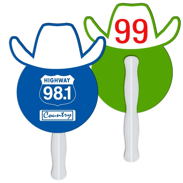 Digital printed cowboy shape auction fan with visible wooden stick.... from ASI 67620 Lion Circle Corp / Lion/Circle