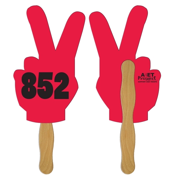 Digital printed peace sign shape auction fan with visible wooden stick.... from ASI 67620 Lion Circle Corp / Lion/Circle