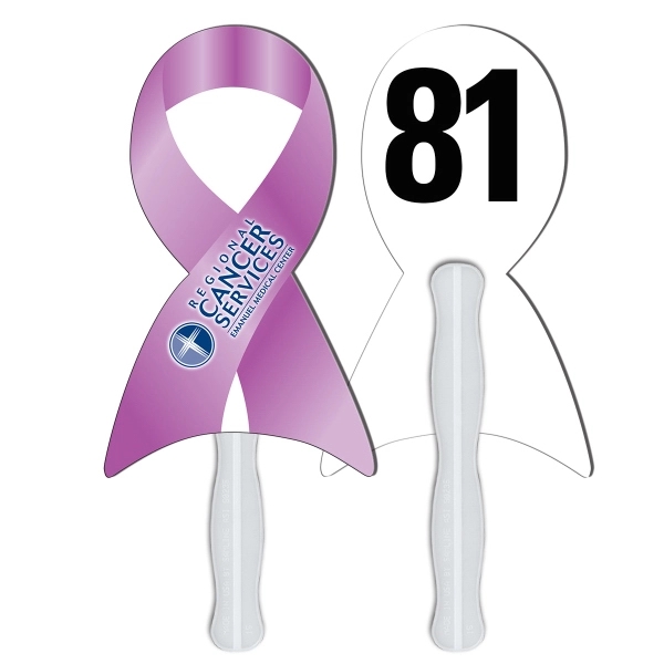 Digital printed ribbon shape auction fan with visible wooden stick.... from ASI 67620 Lion Circle Corp / Lion/Circle