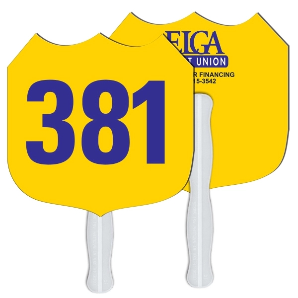 Digital printed interstate sign shape auction fan with visible wooden stick.... from ASI 67620 Lion Circle Corp / Lion/Circle