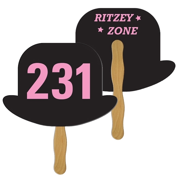 Digital printed derby hat shape auction fan with visible wooden stick.... from ASI 67620 Lion Circle Corp / Lion/Circle