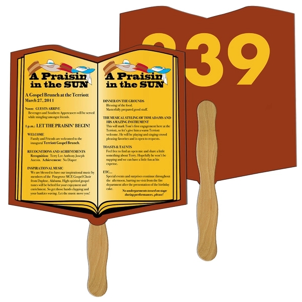 Digital printed open book shape auction fan with visible wooden stick.... from ASI 67620 Lion Circle Corp / Lion/Circle