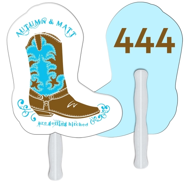 Digital printed boot shape auction fan with visible wooden stick.... from ASI 67620 Lion Circle Corp / Lion/Circle