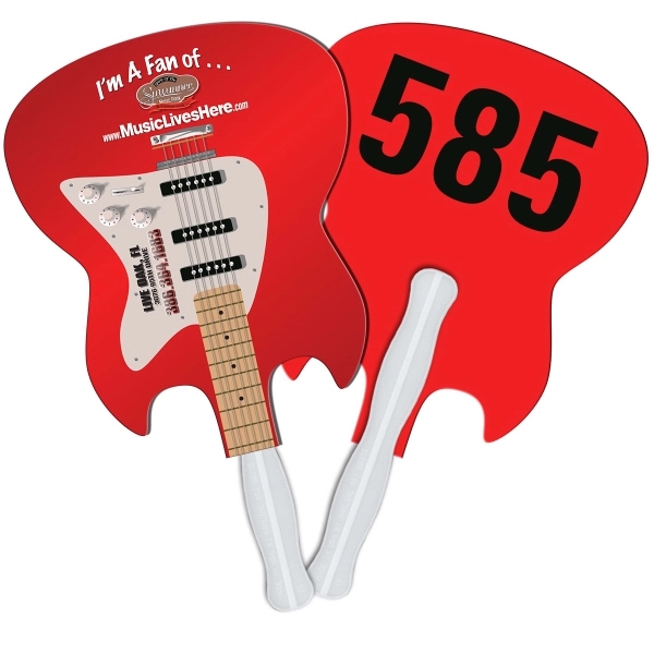 Digital printed electric guitar shape auction fan with visible wooden stick.... from ASI 67620 Lion Circle Corp / Lion/Circle