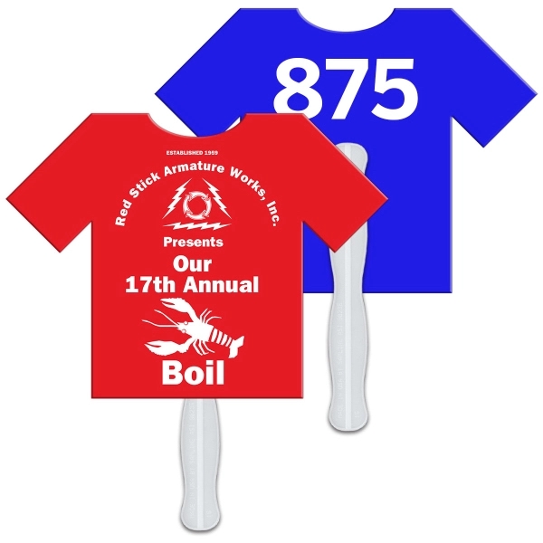 Digital printed T-shirt shape auction fan with visible wooden stick.... from ASI 67620 Lion Circle Corp / Lion/Circle