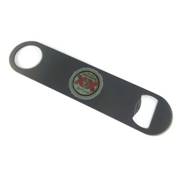 Rectangle-shaped stainless steel bottle opener that measures 7" x 1 1/2".... from ASI 72657 Active Life Promo / Apres Ski