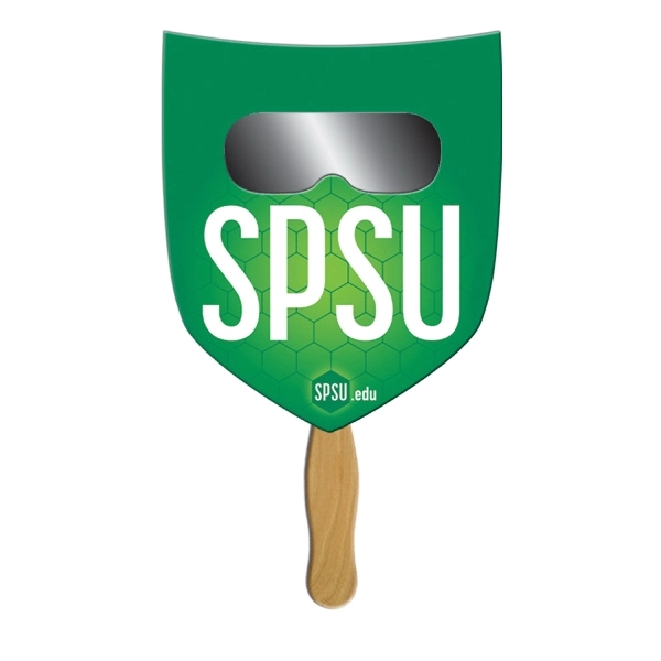 Shield shape hand held fan with see through smoked film.... from ASI 67620 Lion Circle Corp / Lion/Circle