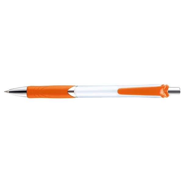 Frisco Prime plunger-action pen with a contoured, bright white barrel, chrome... from ASI 82498 RiteLine LLC