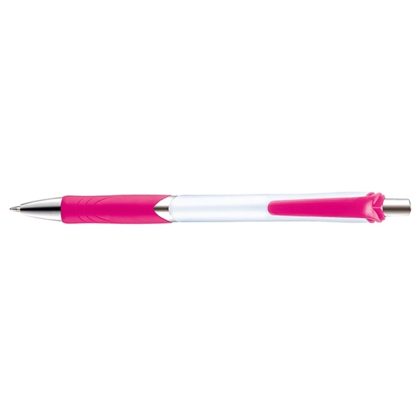 Frisco Prime plunger-action pen with a contoured, bright white barrel, chrome... from ASI 82498 RiteLine LLC