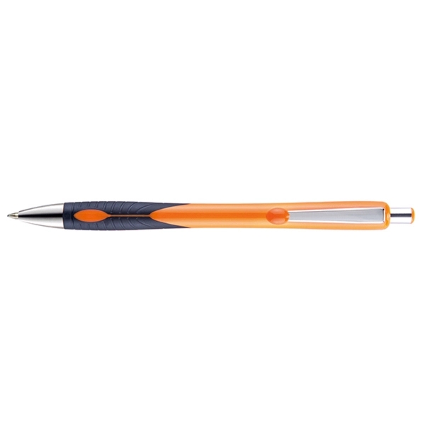 Plastic ballpoint pen with retractable design, contoured colored barrel, co-molded soft... from ASI 82498 RiteLine LLC