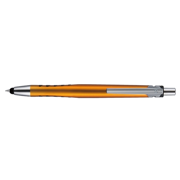 Plano plunger-action stylus shine pen with a contoured, glossy metallic barrel... from ASI 82498 RiteLine LLC