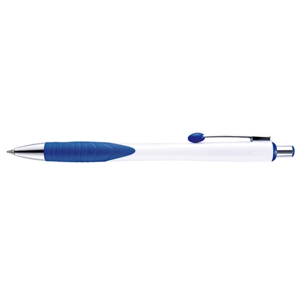 Retractable style pen with contoured bright white barrel, co-molded grip, chrome... from ASI 82498 RiteLine LLC