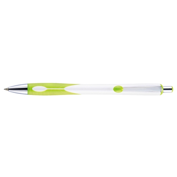Retractable style pen with contoured bright white barrel, co-molded grip, chrome... from ASI 82498 RiteLine LLC