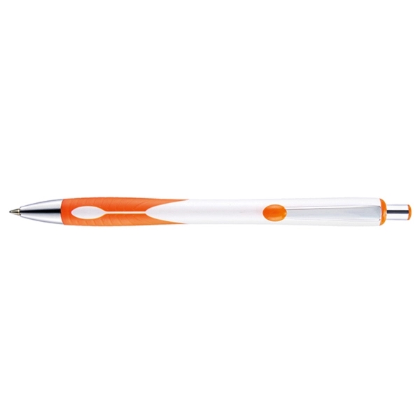 Retractable style pen with contoured bright white barrel, co-molded grip, chrome... from ASI 82498 RiteLine LLC