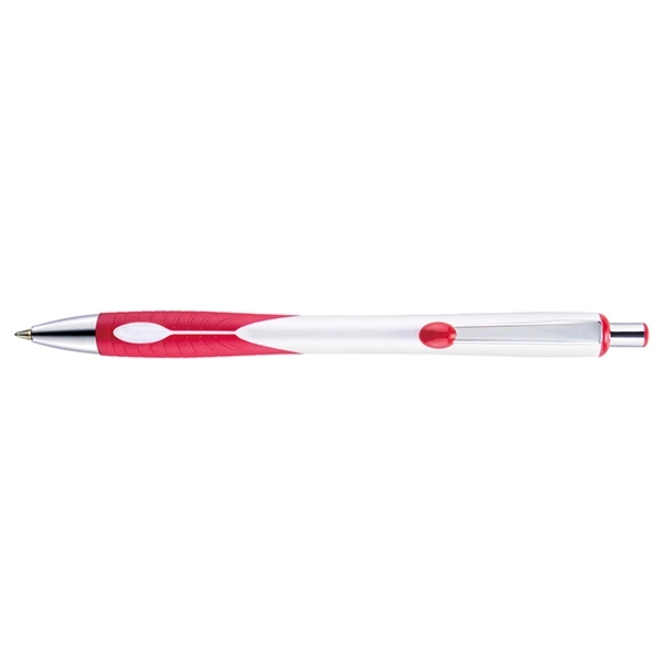 Retractable style pen with contoured bright white barrel, co-molded grip, chrome... from ASI 82498 RiteLine LLC