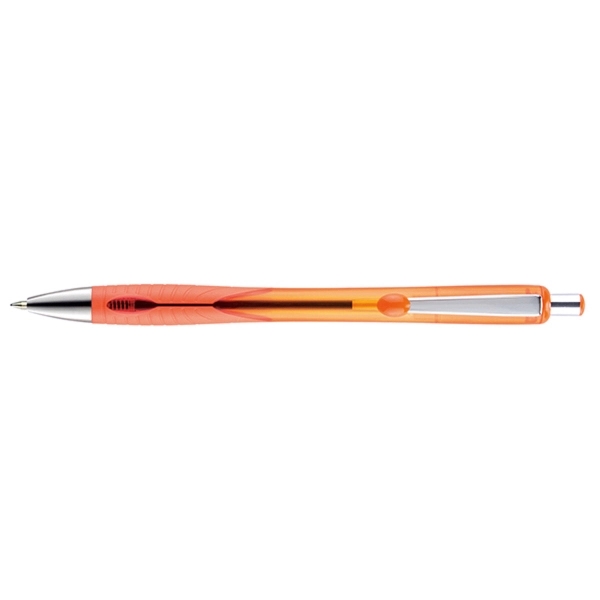 Retractable style pen with contoured translucent barrel, co-molded grip, chrome tim... from ASI 82498 RiteLine LLC