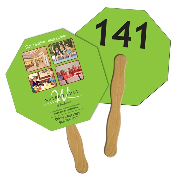 Digital printed stop sign shape auction fan with visible wooden stick.... from ASI 67620 Lion Circle Corp / Lion/Circle