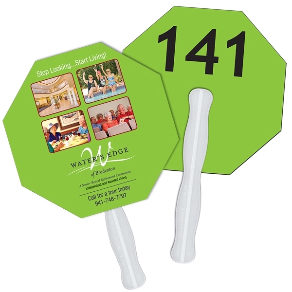 Digital printed stop sign shape auction fan with visible wooden stick.... from ASI 67620 Lion Circle Corp / Lion/Circle