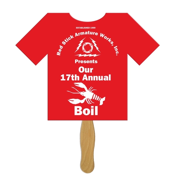 T-Shirt shape fast fan with wooden stick.... from ASI 67620 Lion Circle Corp / Lion/Circle